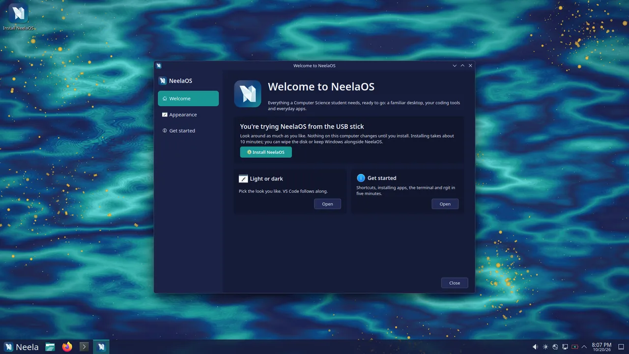 The NeelaOS desktop: the Welcome app open over the Neela Marble wallpaper, with a Windows-style taskbar and Start button at the bottom